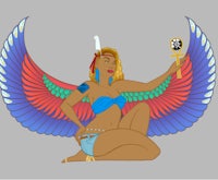 an egyptian woman with wings sitting on the ground