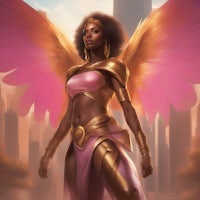 a black woman with pink wings standing in front of a city